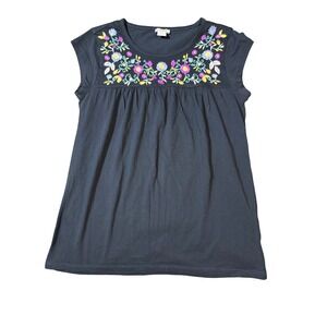 J.Crew Size XXS Short Sleeve Navy Blue Crew Neck Shirt Embroidered Floral Purple